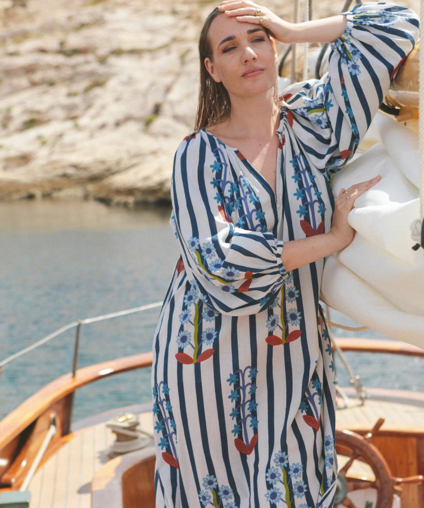 knee length dresses for ladies Petal Printed Long Dress with Short Sleeves Teal main image 0