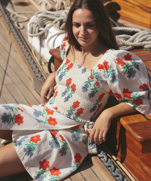 Top à smocks en coton Priyanka Fleur Double